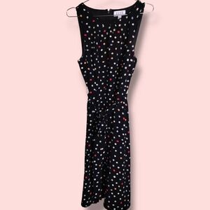 Elle Women's Dress Black Polka Dot Flare‎ Belt Sleeveless Back Zip Crepe Sz 10